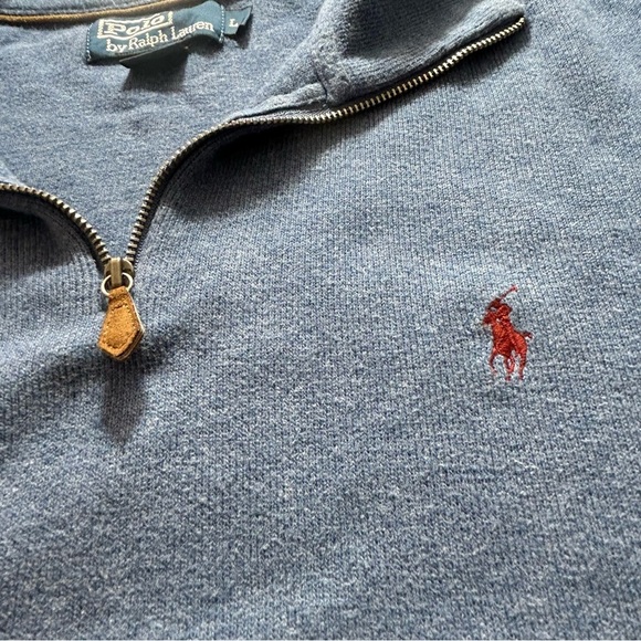 POLO Ralph Lauren Quarter Zip Sweater Men's Blue Maroon Pony Leather Pull Sz L - Picture 6 of 7